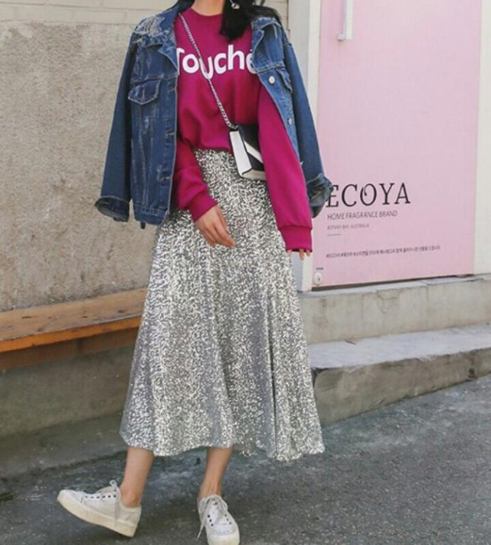 Long-point A-line silver wrinkled sequined skirt g