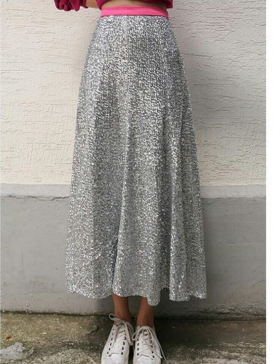 Long-point A-line silver wrinkled sequined skirt g