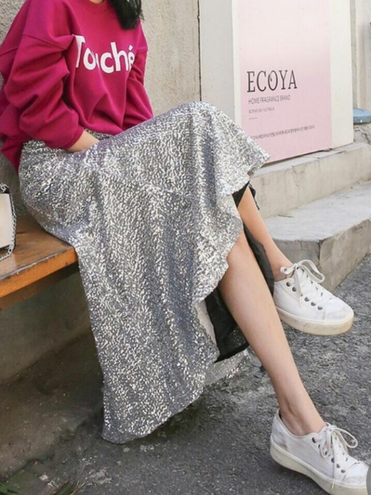 Long-point A-line silver wrinkled sequined skirt g
