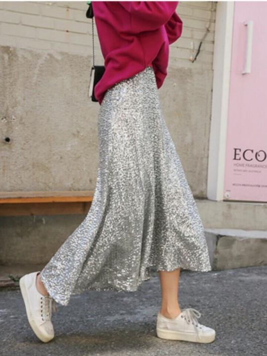 Long-point A-line silver wrinkled sequined skirt g