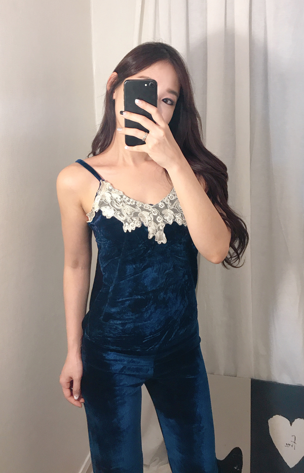 Velvet lace pajama gown 3pcs set 2color girl emoti