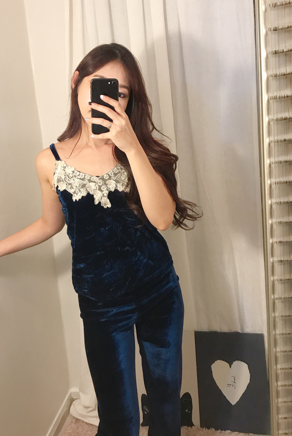 Velvet lace pajama gown 3pcs set 2color girl emoti