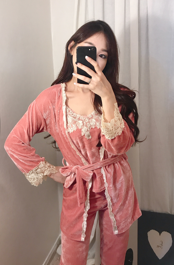 Velvet lace pajama gown 3pcs set 2color girl emoti