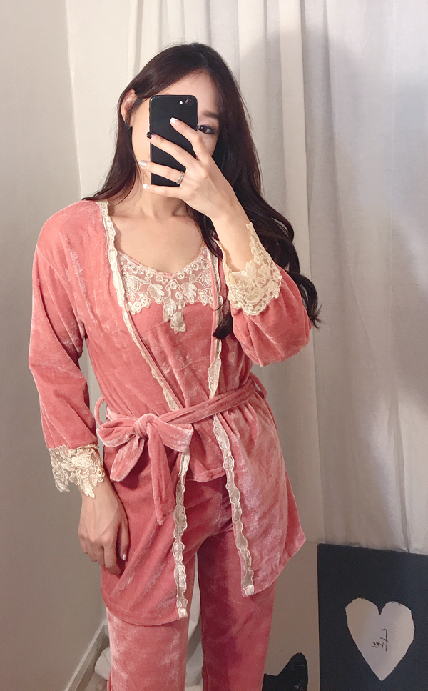 Velvet lace pajama gown 3pcs set 2color girl emoti