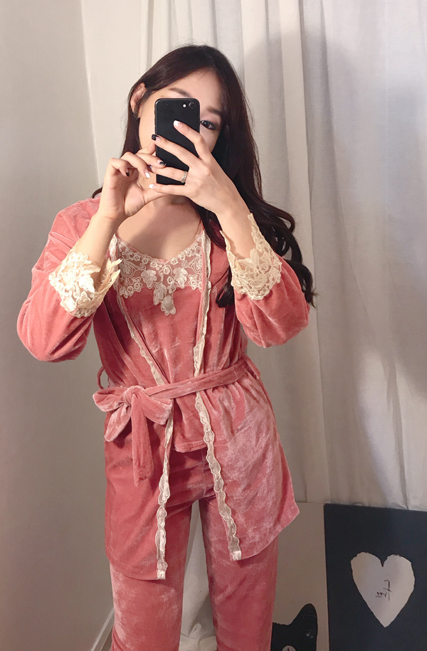 Velvet lace pajama gown 3pcs set 2color girl emoti