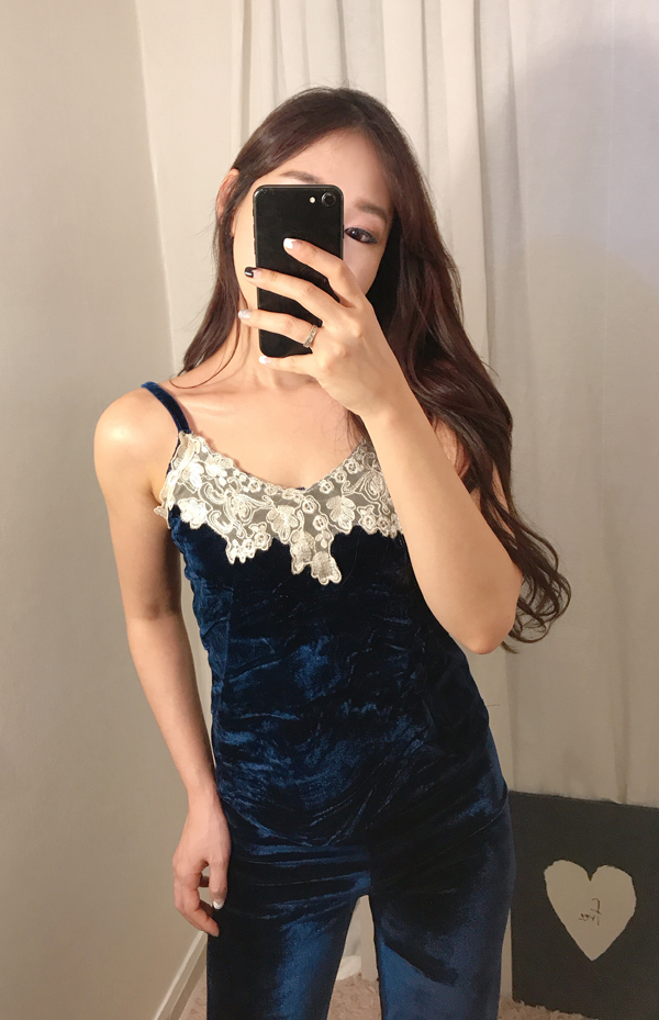 Velvet lace pajama gown 3pcs set 2color girl emoti