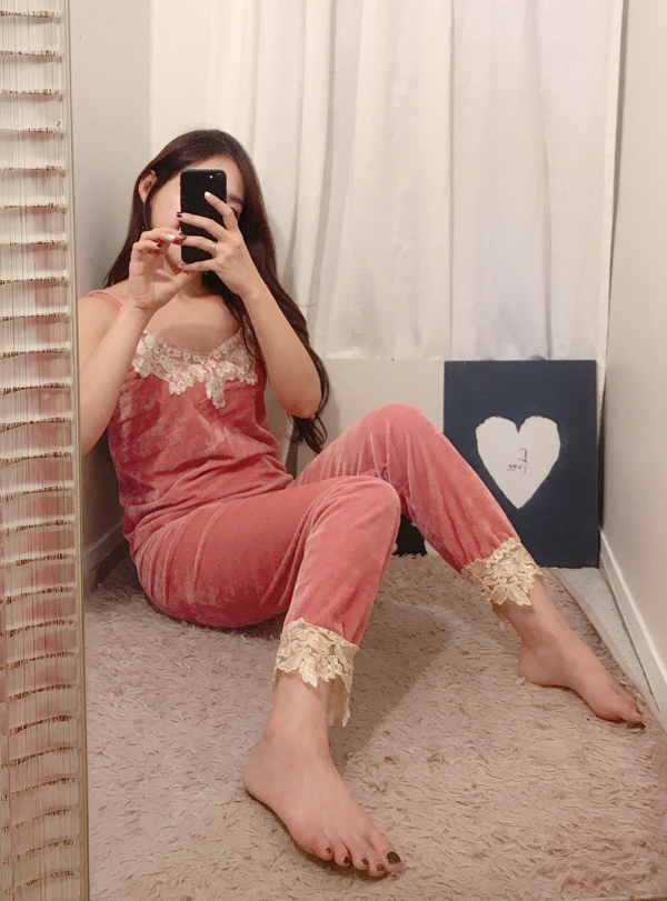 Velvet lace pajama gown 3pcs set 2color girl emoti