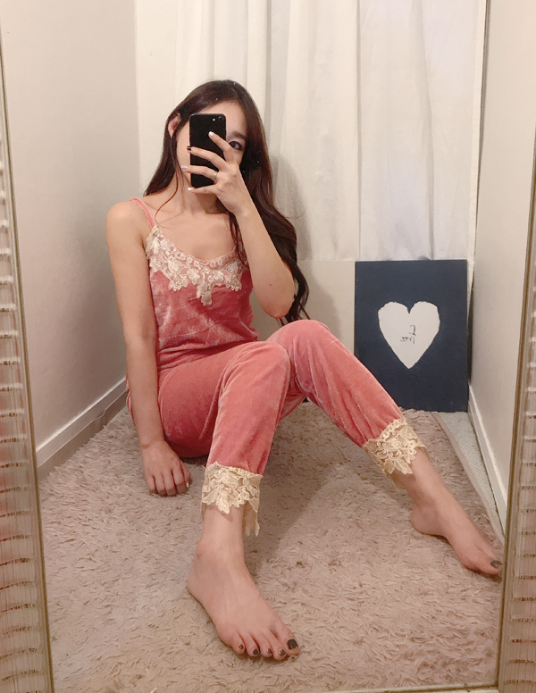 Velvet lace pajama gown 3pcs set 2color girl emoti