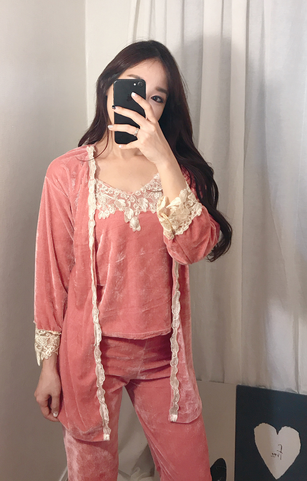 Velvet lace pajama gown 3pcs set 2color girl emoti