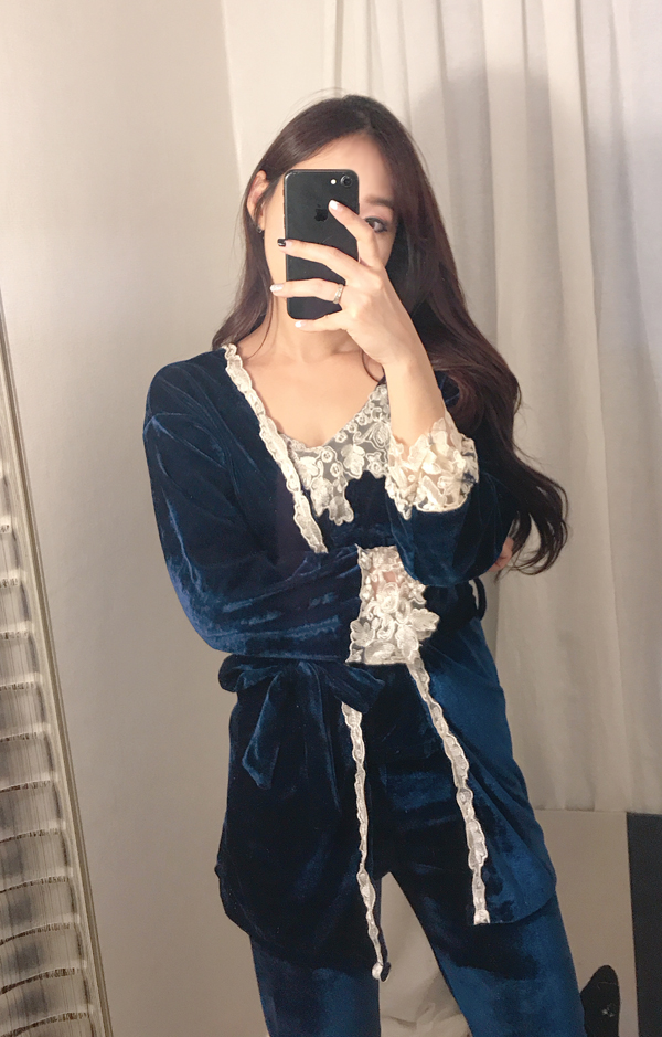 Velvet lace pajama gown 3pcs set 2color girl emoti