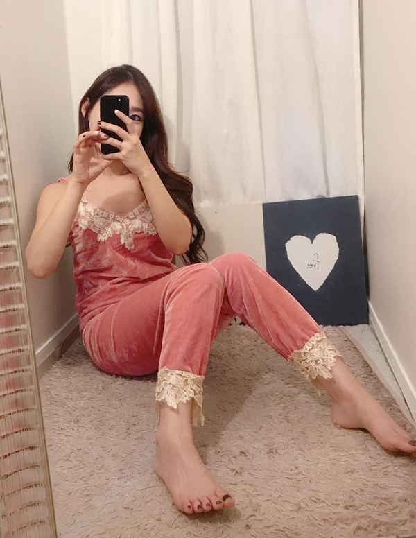 Velvet lace pajama gown 3pcs set 2color girl emoti