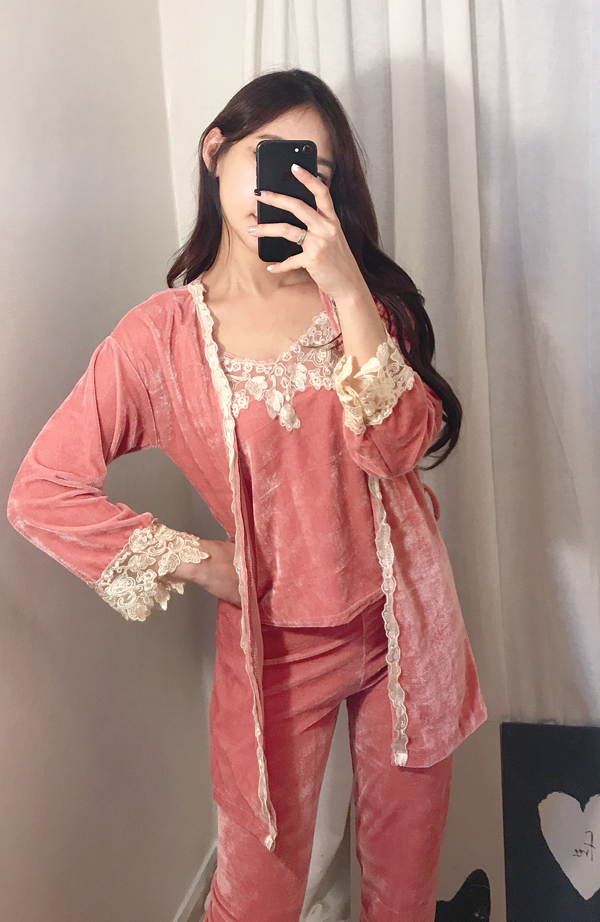Velvet lace pajama gown 3pcs set 2color girl emoti