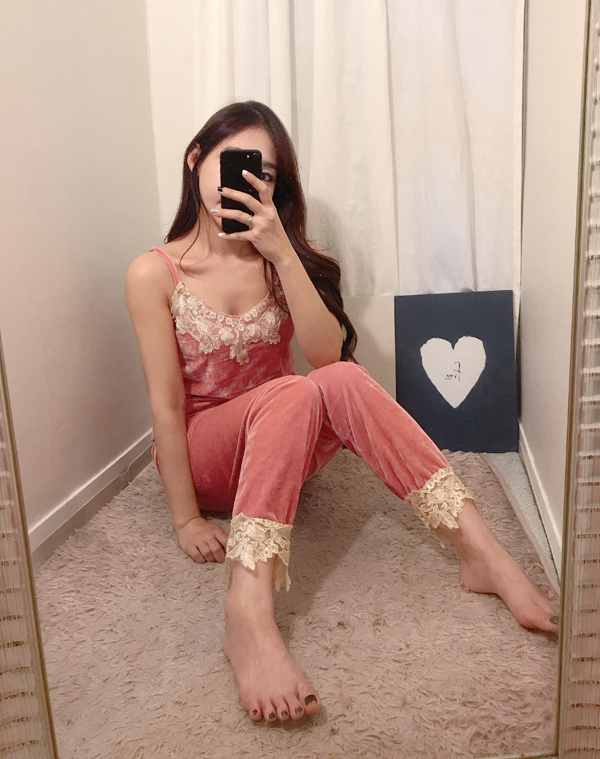 Velvet lace pajama gown 3pcs set 2color girl emoti