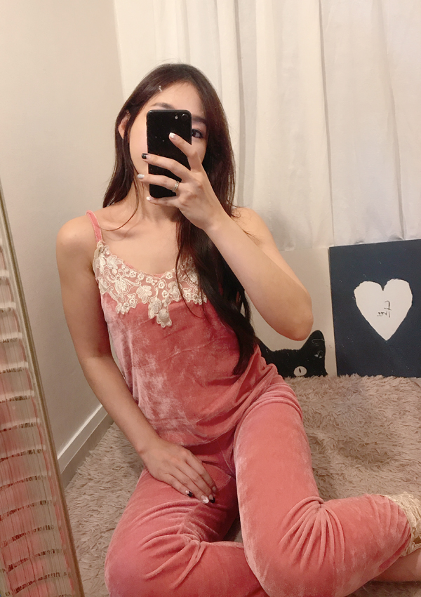 Velvet lace pajama gown 3pcs set 2color girl emoti