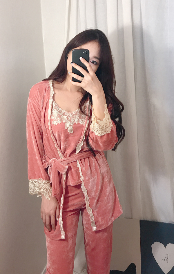 Velvet lace pajama gown 3pcs set 2color girl emoti
