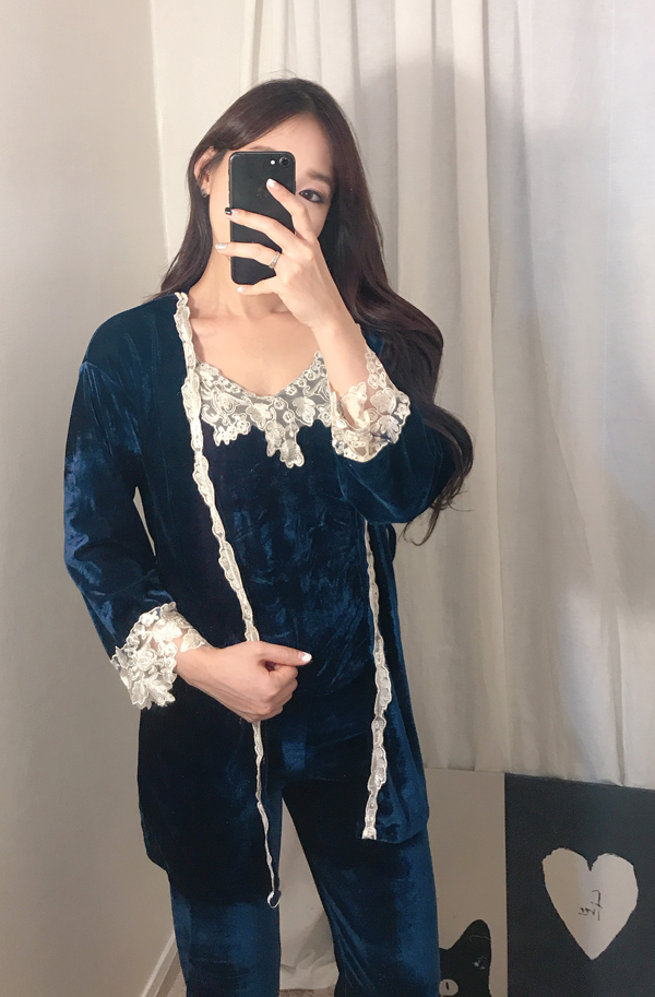 Velvet lace pajama gown 3pcs set 2color girl emoti