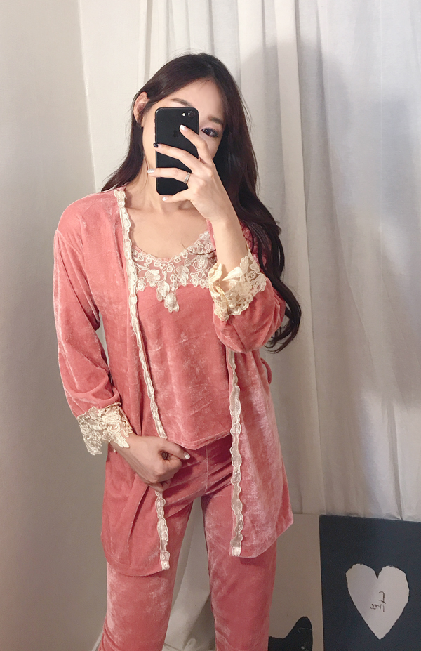 Velvet lace pajama gown 3pcs set 2color girl emoti