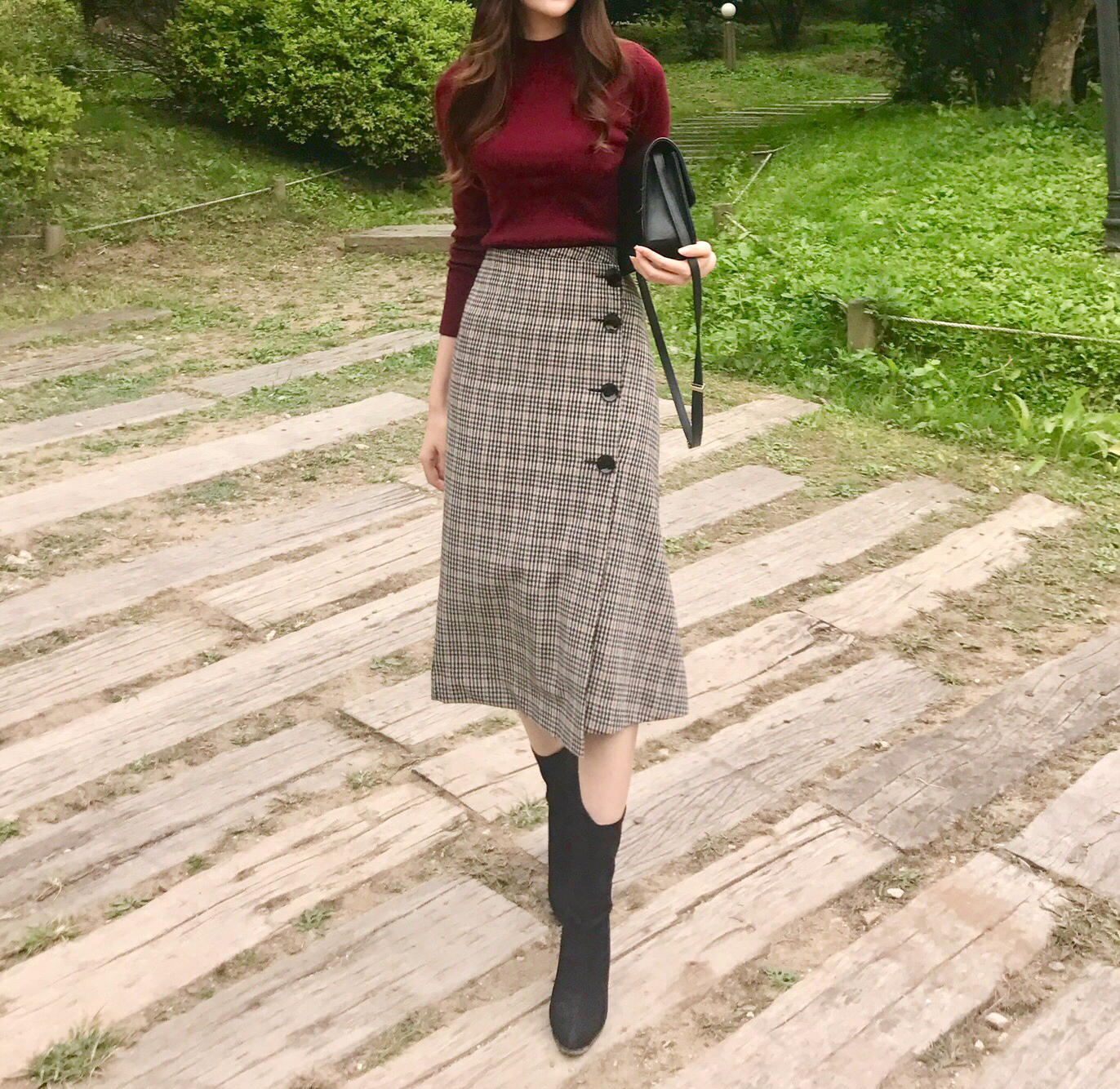 Check Long Button Skirt Wool Fall Winter