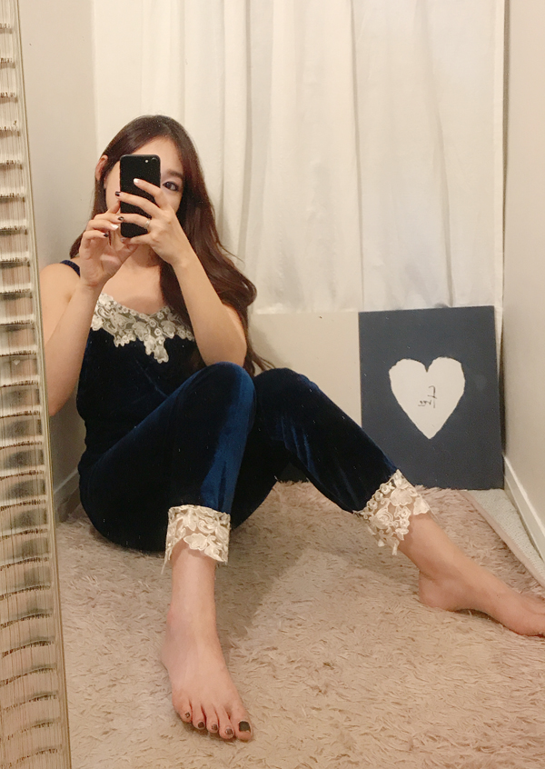 Velvet lace pajama gown 3pcs set 2color girl emoti