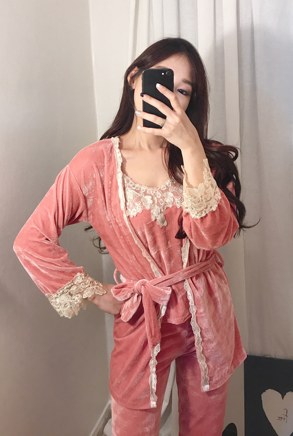Velvet lace pajama gown 3pcs set 2color girl emoti