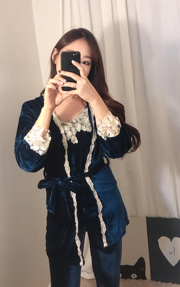 Velvet lace pajama gown 3pcs set 2color girl emoti
