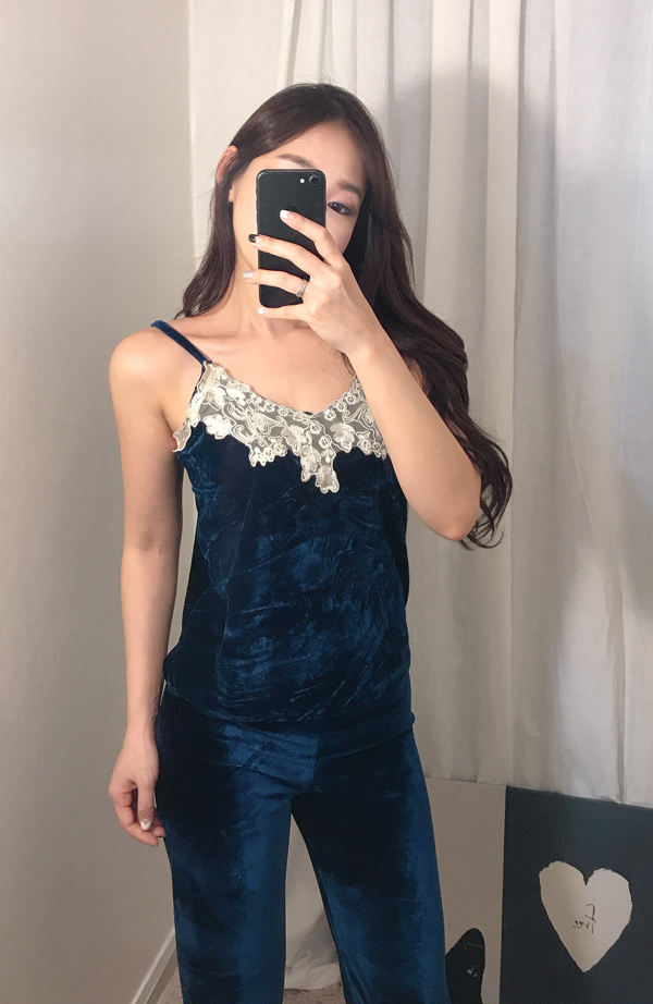 Velvet lace pajama gown 3pcs set 2color girl emoti