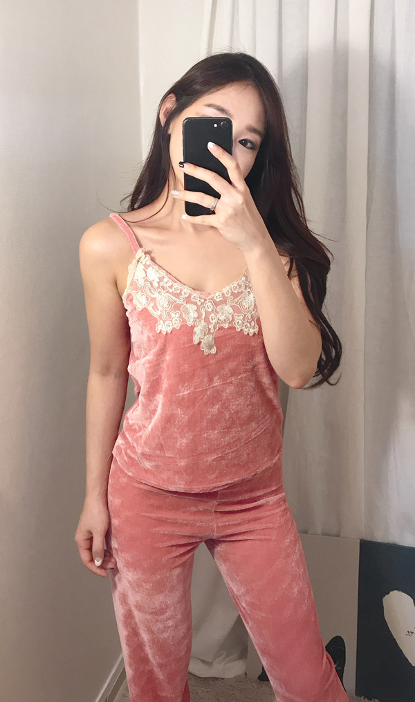 Velvet lace pajama gown 3pcs set 2color girl emoti