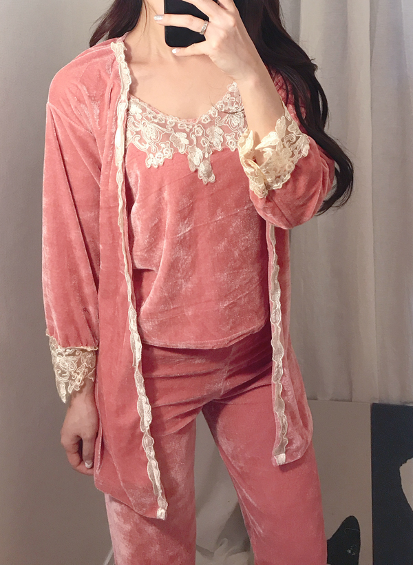 Velvet lace pajama gown 3pcs set 2color girl emoti