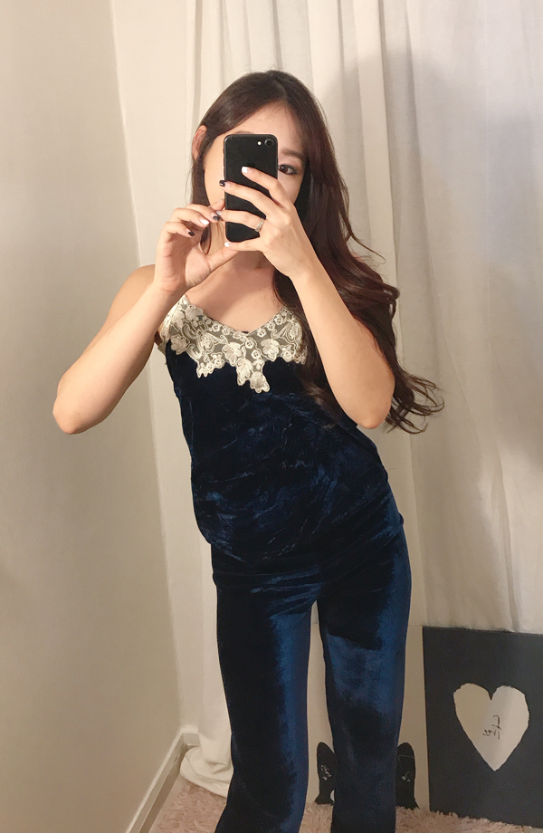 Velvet lace pajama gown 3pcs set 2color girl emoti