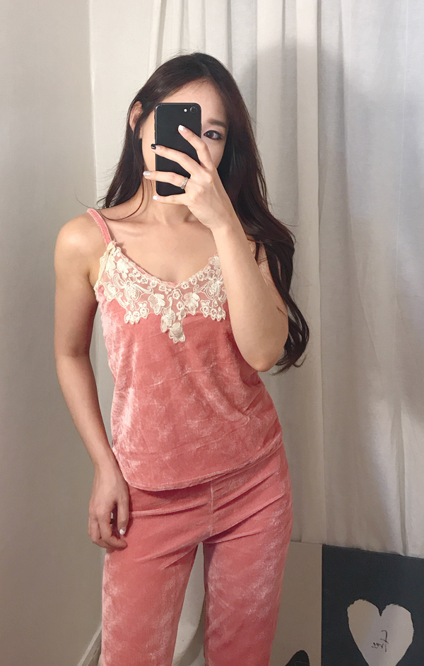 Velvet lace pajama gown 3pcs set 2color girl emoti