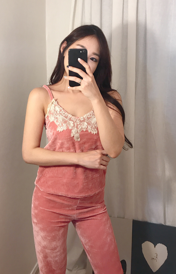 Velvet lace pajama gown 3pcs set 2color girl emoti