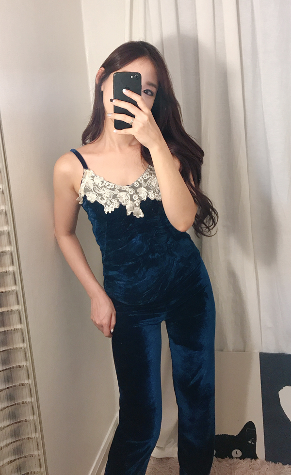 Velvet lace pajama gown 3pcs set 2color girl emoti