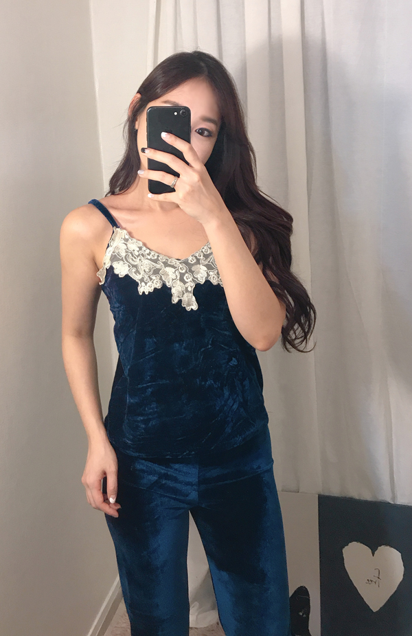 Velvet lace pajama gown 3pcs set 2color girl emoti