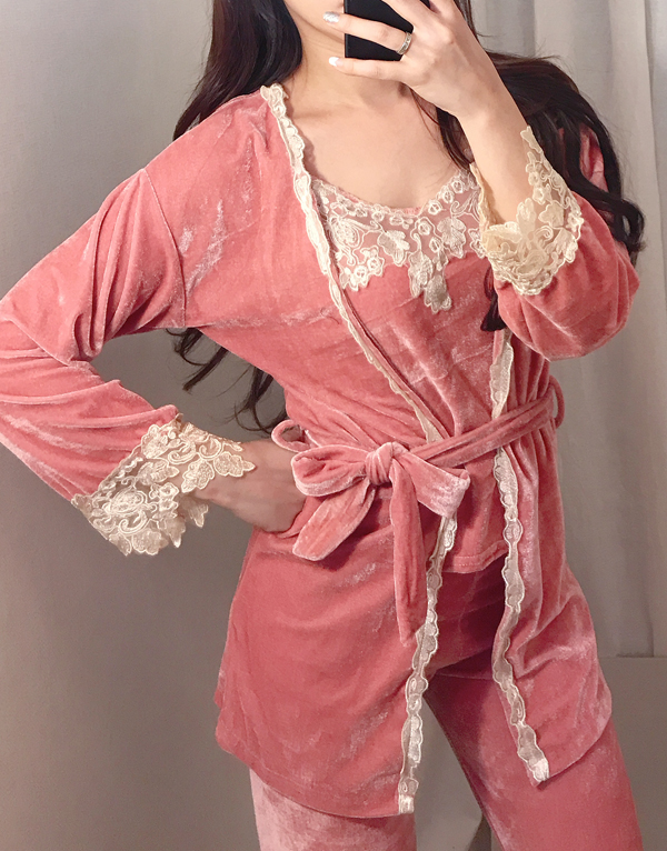 Velvet lace pajama gown 3pcs set 2color girl emoti