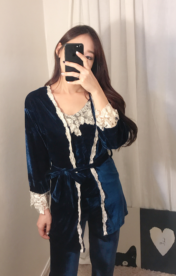 Velvet lace pajama gown 3pcs set 2color girl emoti