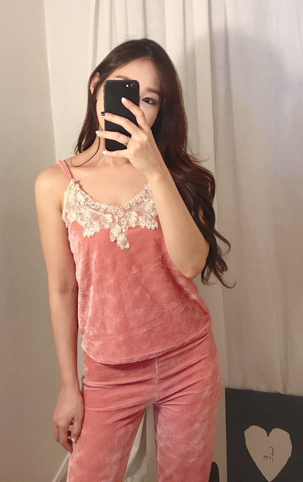 Velvet lace pajama gown 3pcs set 2color girl emoti