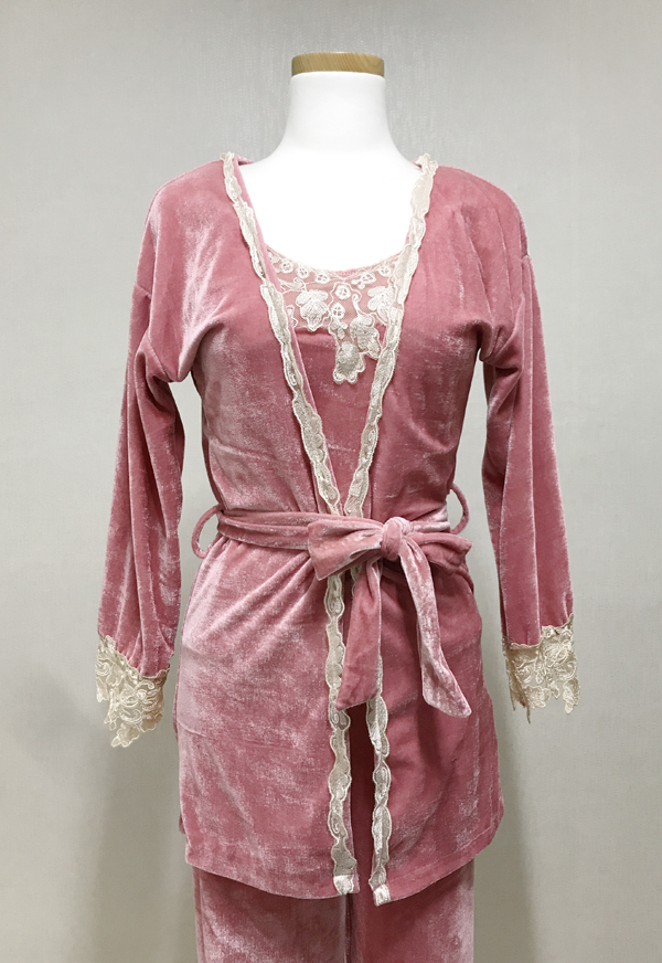 Velvet lace pajama gown 3pcs set 2color girl emoti