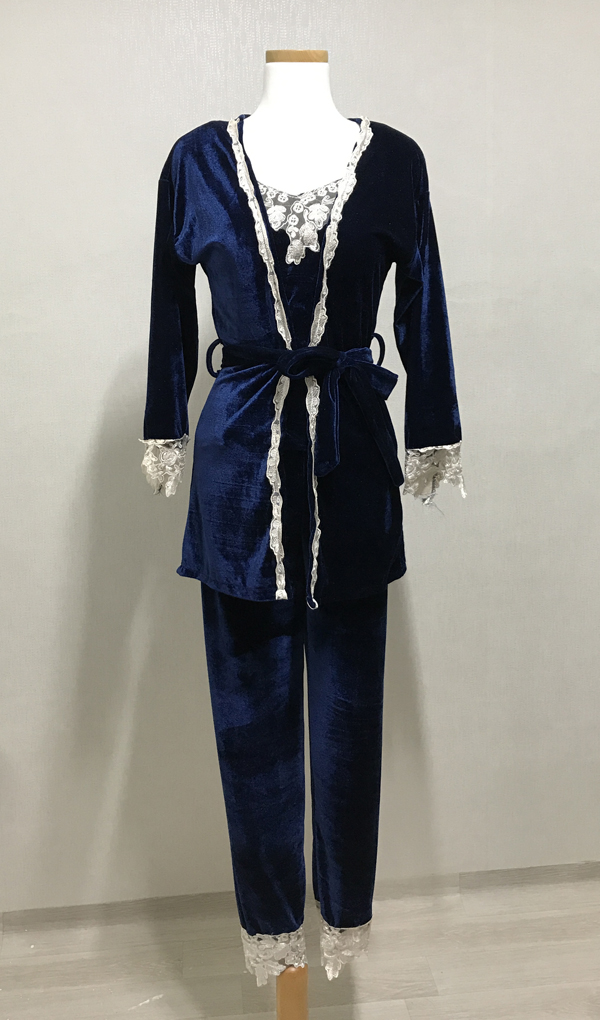 Velvet lace pajama gown 3pcs set 2color girl emoti