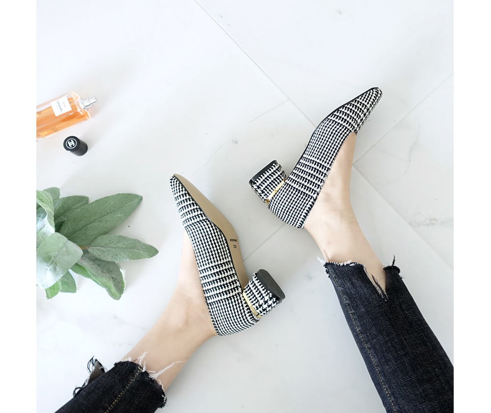 Middle Heel Velvet Check Pumps 4cm Fall Shoes Houn