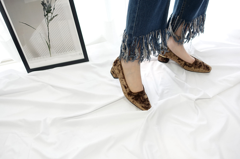 Middle Heel Velvet Check Pumps 4cm Fall Shoes Houn