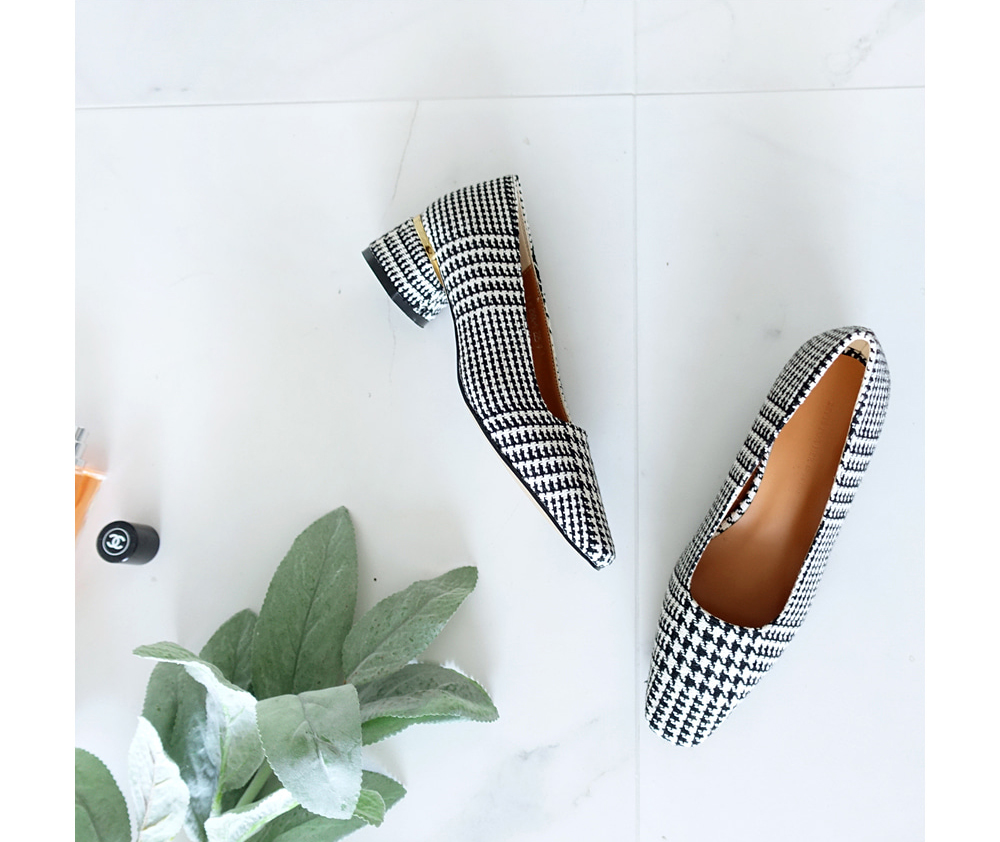 Middle Heel Velvet Check Pumps 4cm Fall Shoes Houn