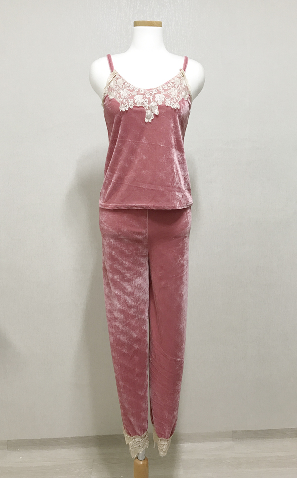 Velvet lace pajama gown 3pcs set 2color girl emoti