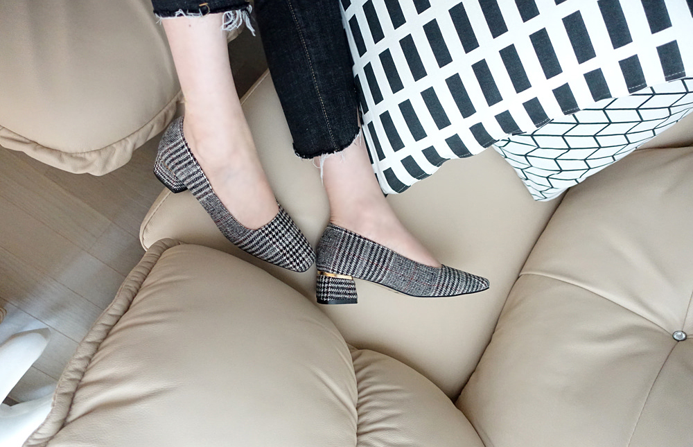 Middle Heel Velvet Check Pumps 4cm Fall Shoes Houn