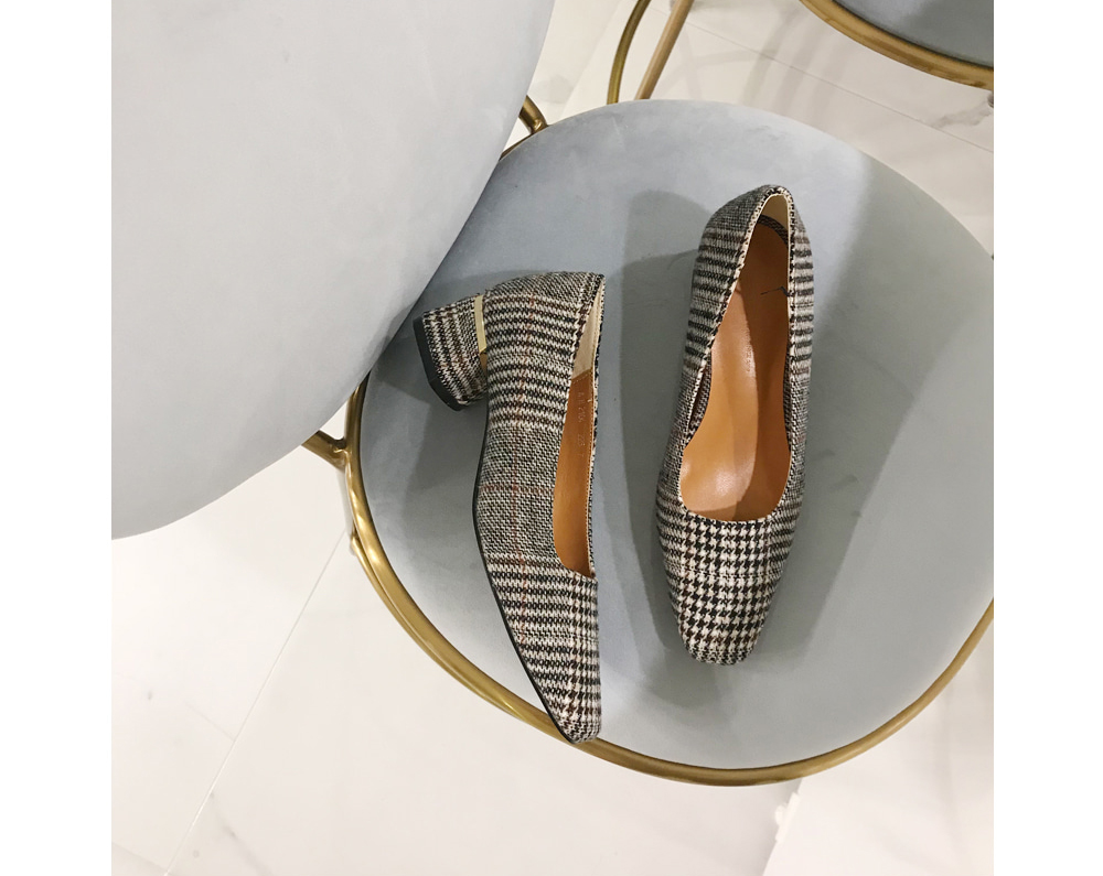 Middle Heel Velvet Check Pumps 4cm Fall Shoes Houn