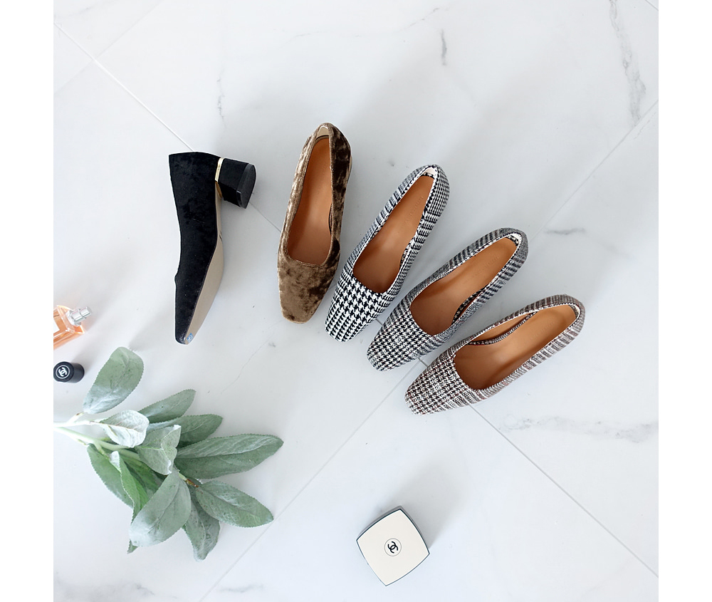 Middle Heel Velvet Check Pumps 4cm Fall Shoes Houn