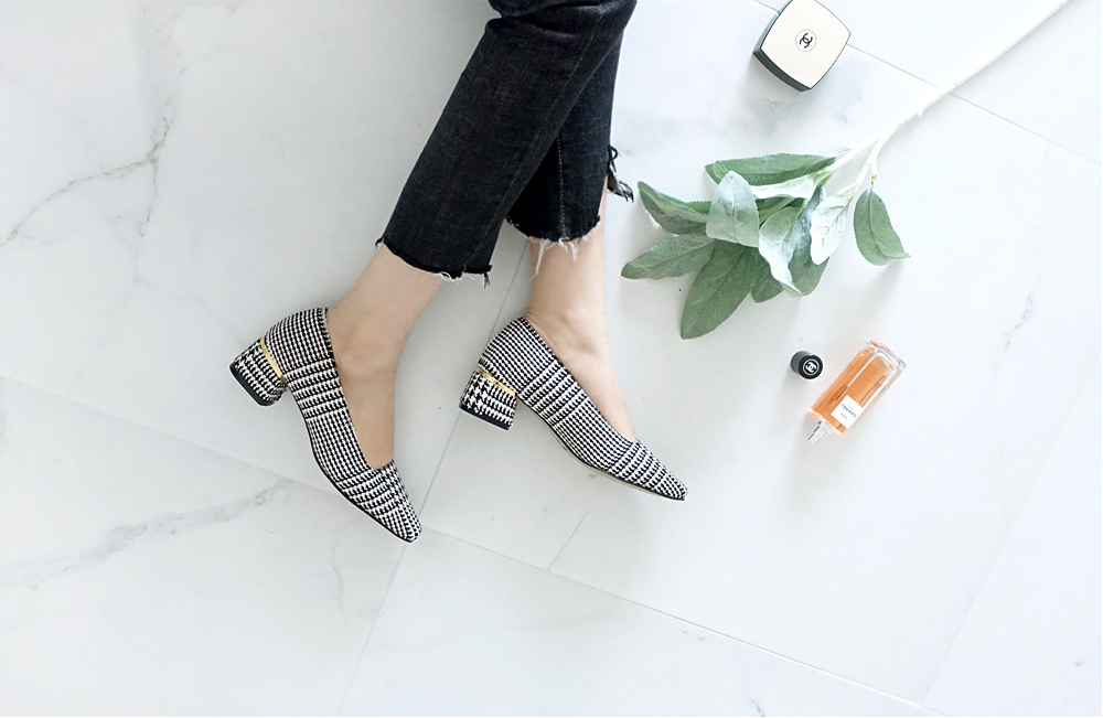 Middle Heel Velvet Check Pumps 4cm Fall Shoes Houn