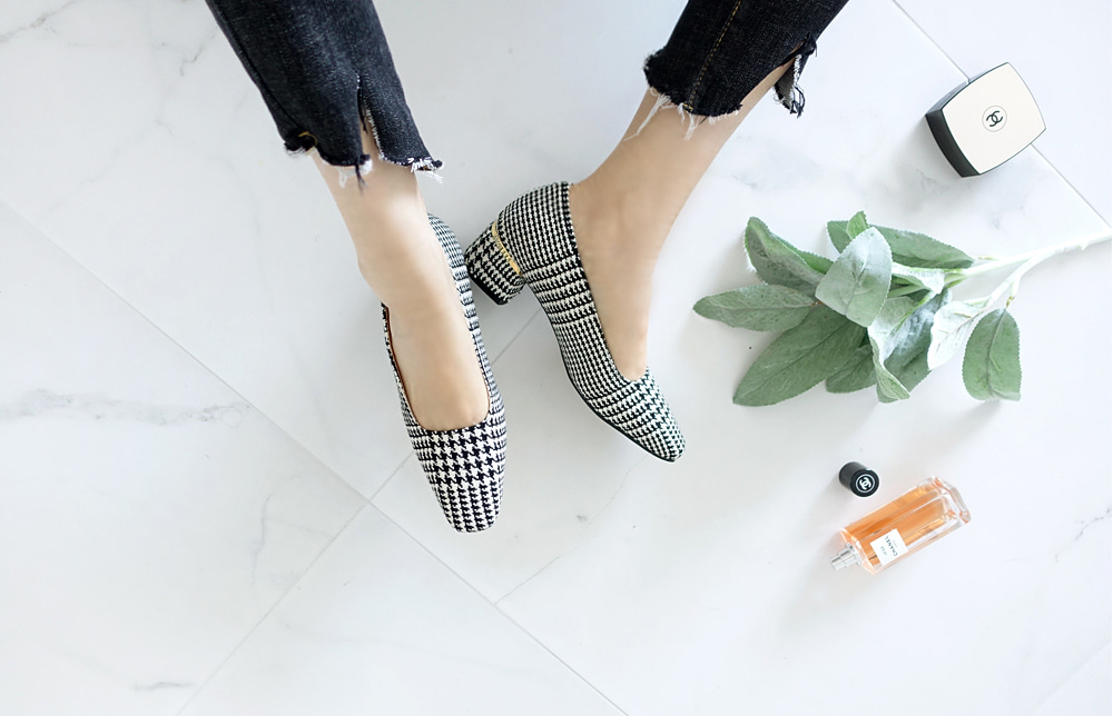 Middle Heel Velvet Check Pumps 4cm Fall Shoes Houn