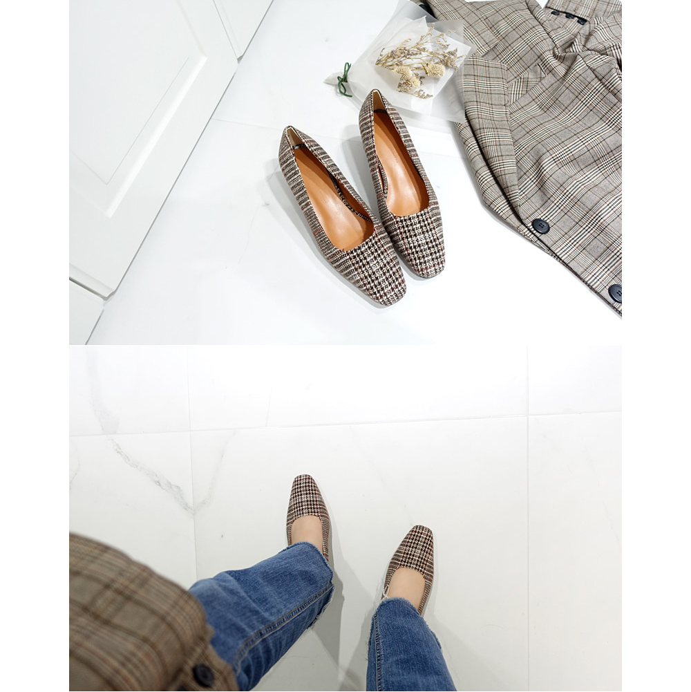 Middle Heel Velvet Check Pumps 4cm Fall Shoes Houn