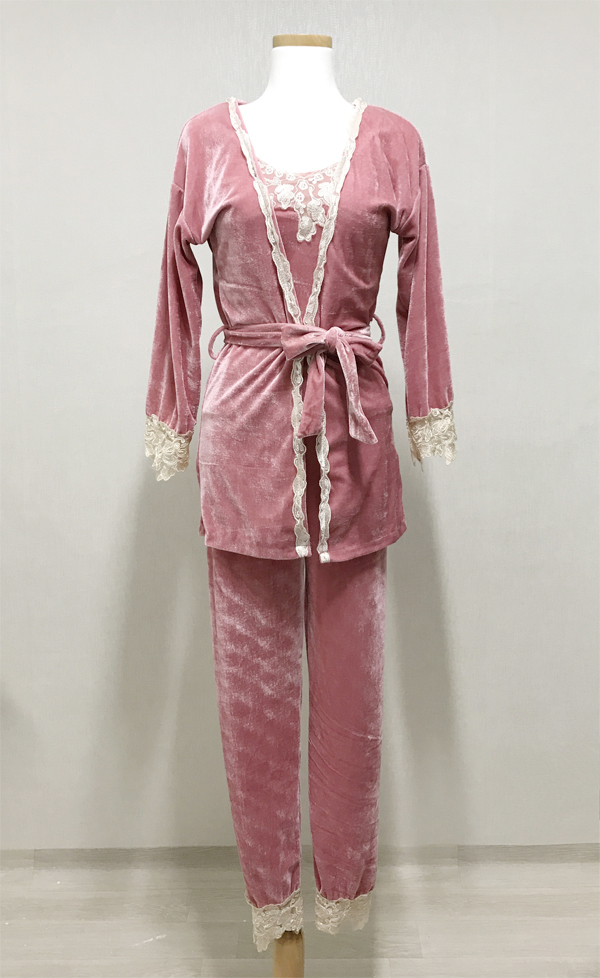 Velvet lace pajama gown 3pcs set 2color girl emoti
