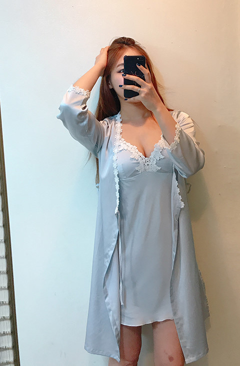 Silk lace slip gown pajama set pink blue navy styl